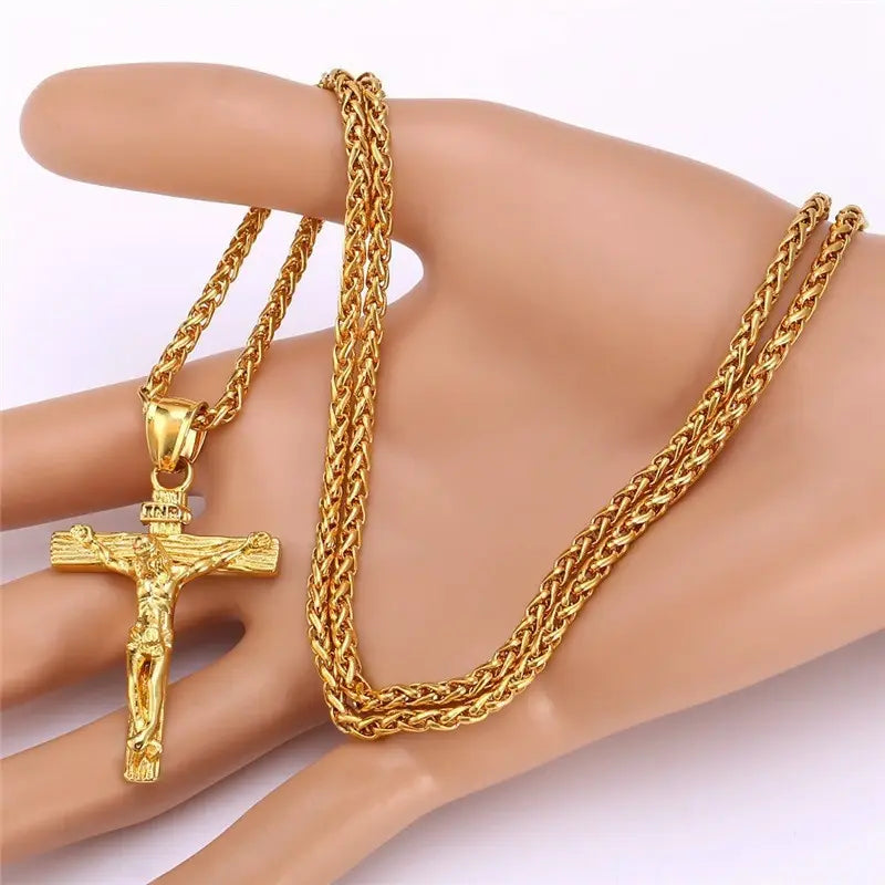 Religious Jesus Cross Necklace for MenShow Your Faith with a Stylish Jesus Cross NecklaceElevate your style while expressing your faith with our Religious Jesus Cross Necklace for Men. This gold color crReligious Jesus Cross Necklace