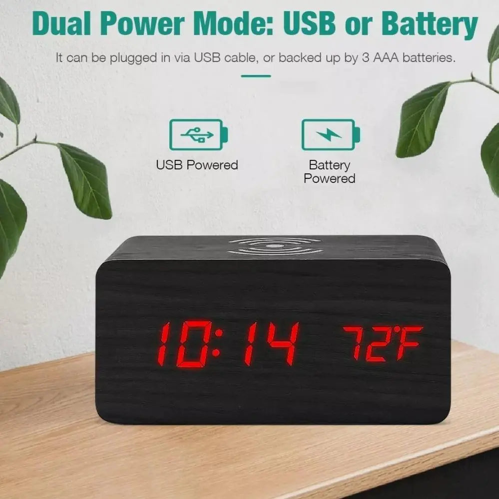 Wooden Digital Alarm ClockWake up in style with our Wooden Digital Alarm Clock featuring a Wireless Phone Charging Pad. This innovative clock combines timeless design with modern technology tWooden Digital Alarm Clock