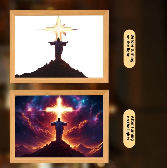 Illuminated Jesus LED Art DecorThis Jesus LED Light Painting brings warmth and spiritual inspiration to any home. Featuring a softly illuminated image of Jesus, this decorative piece provides a peIlluminated Jesus LED Art Decor