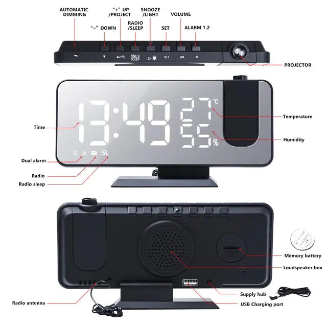 Led Digital Projection ClockIntroducing the Led Digital Projection Clock—an all-in-one solution to keep you organized, entertained, and on schedule!Stay Tuned: With its built-in Fm Radio, automLed Digital Projection Clock