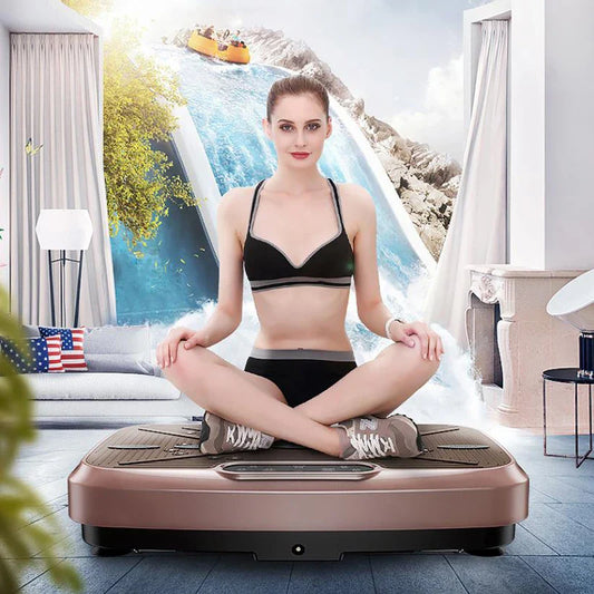 Woman using fitness vibration plate exercise equipment in a home setting with vibrant background.