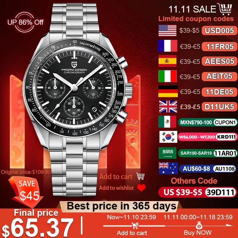 PAGANI DESIGN 2024 New Men's Watches Top Luxury Quartz Watch For Men A**Newly added AR coated sapphire glas s**
PAGANI DESIGN Moon Watch: PAGANI DESIGN presents the new Moonwatch, a watch that not only gives you the feeling Men Auto Date Speed Chronograph AR Sapphire Mirror Wrist watch