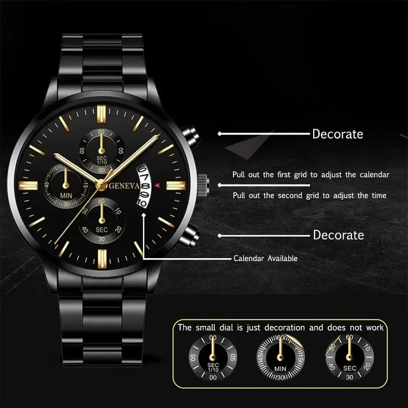 Fashion Men Black Stainless Steel Watch Luxury Calendar Quartz Wrist W• Complete Calendar :Keep track of the date with ease using the watch's complete calendar feature.
• Stainless Steel Band :The durable stainless steel band adds Fashion Men Black Stainless Steel Watch Luxury Calendar Quartz Wrist Watch Mens Business Watches