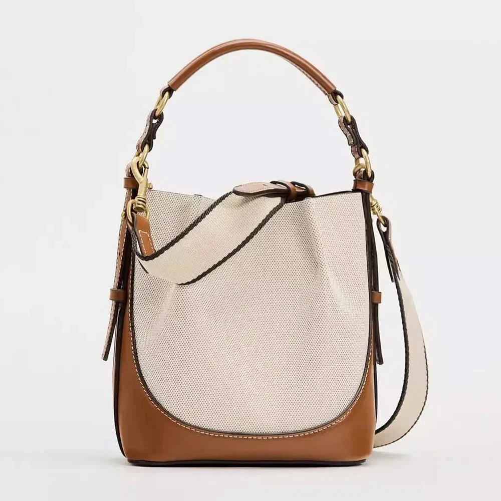 Fashion wide strap bucket bag, high quality shoulder bag with leather accents, small designer purse for women, 2024 crossbody style.