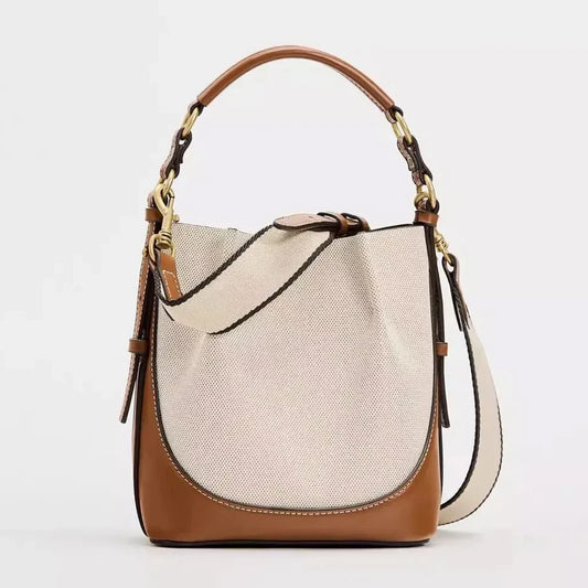 Fashion wide strap bucket bag, high quality shoulder bag with leather accents, small designer purse for women, 2024 crossbody style.