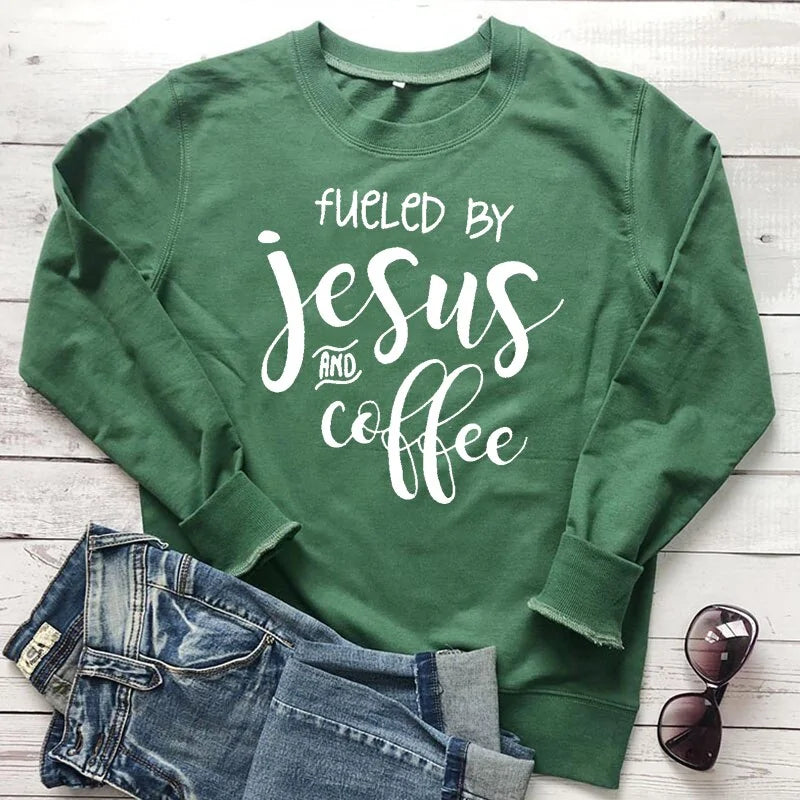Fueled By Jesus and Coffee Sweatshirt"Indulge in pure comfort with our collection of cotton-rich apparel! Our T-shirts are crafted entirely from soft, breathable cotton, while our sweatshirts and hoodieCoffee Sweatshirt