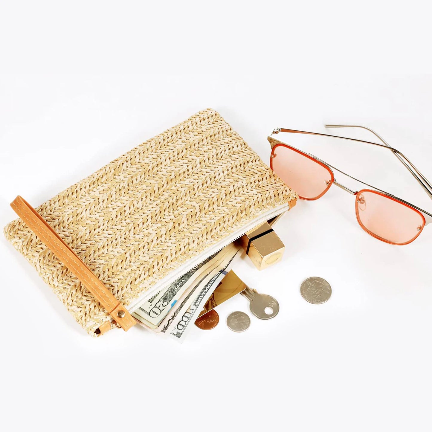 Women' S Casual Travel Straw Woven Bag Fashionable and Minimalist Large Capacity Women'S Medium-Long Wallet Clutch 01