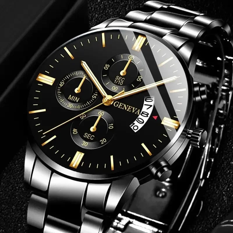 Fashion Men Black Stainless Steel Watch Luxury Calendar Quartz Wrist W• Complete Calendar :Keep track of the date with ease using the watch's complete calendar feature.
• Stainless Steel Band :The durable stainless steel band adds Fashion Men Black Stainless Steel Watch Luxury Calendar Quartz Wrist Watch Mens Business Watches