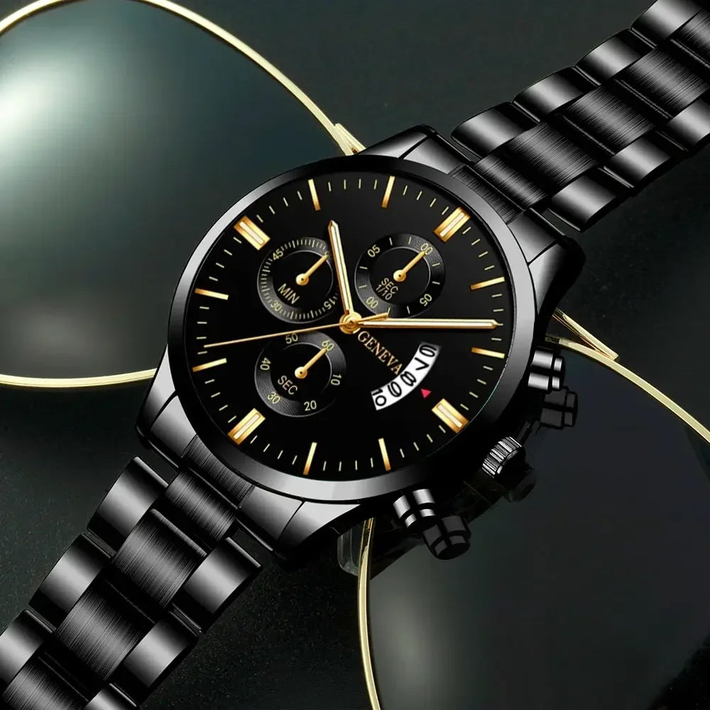 Fashion Men Black Stainless Steel Watch Luxury Calendar Quartz Wrist W• Complete Calendar :Keep track of the date with ease using the watch's complete calendar feature.
• Stainless Steel Band :The durable stainless steel band adds Fashion Men Black Stainless Steel Watch Luxury Calendar Quartz Wrist Watch Mens Business Watches