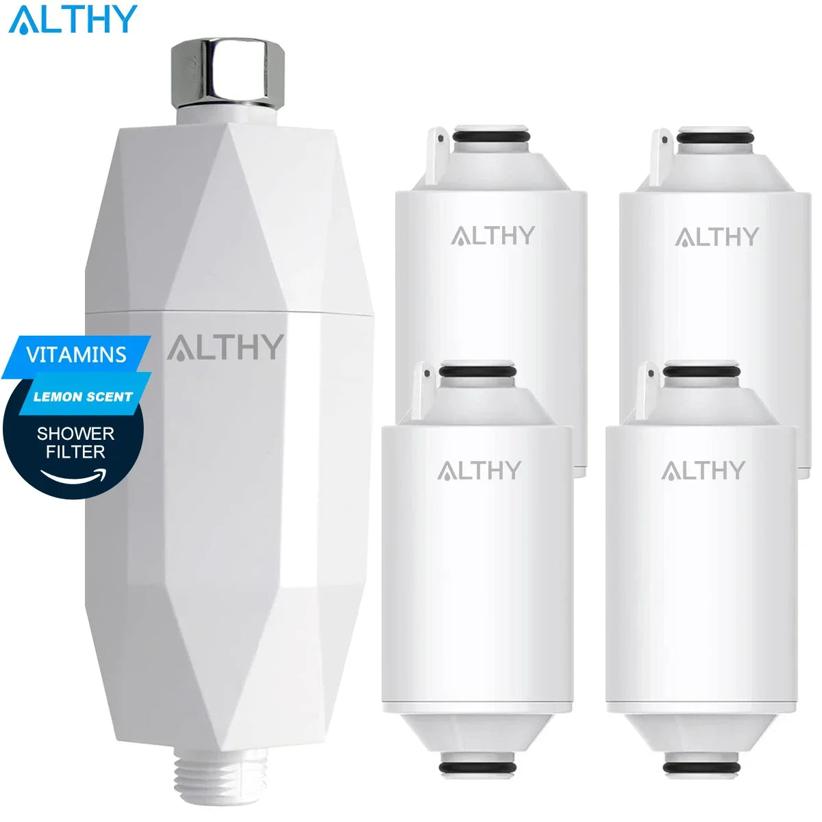 ALTHY Vitamin C Revitalizing Shower Water Filter reducing chlorine, heavy metals, and improving dry, itchy skin, hair dandruff, eczema.