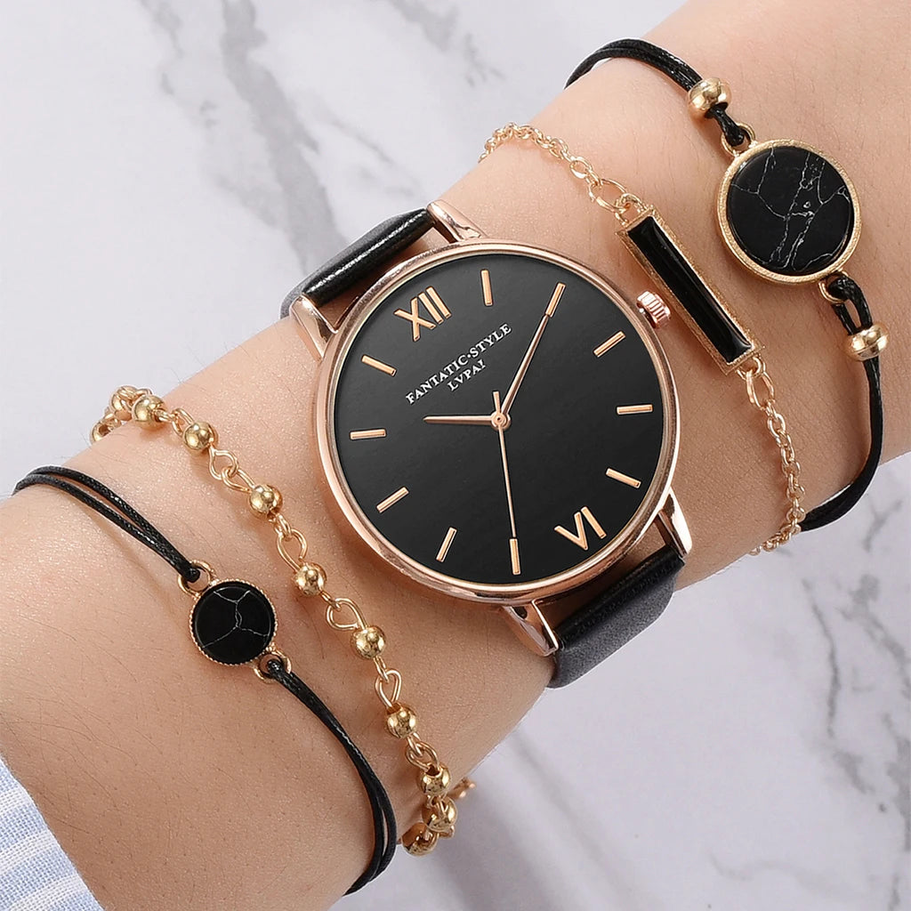 5pcs Set Top Style Fashion Women's Luxury Leather Band Analog Quartz WCase Shape: Round
Dial Window Material Type: Glass
Boxes & Cases Material: No package
Dial Diameter: 38mm
Case Thickness: 8mm
Band Length: 24cm
Band Width: 15mm
HomeLuxury Leather Band Analog Quartz WristWatch Ladies Watch Women Dress Reloj Mujer Black Clock