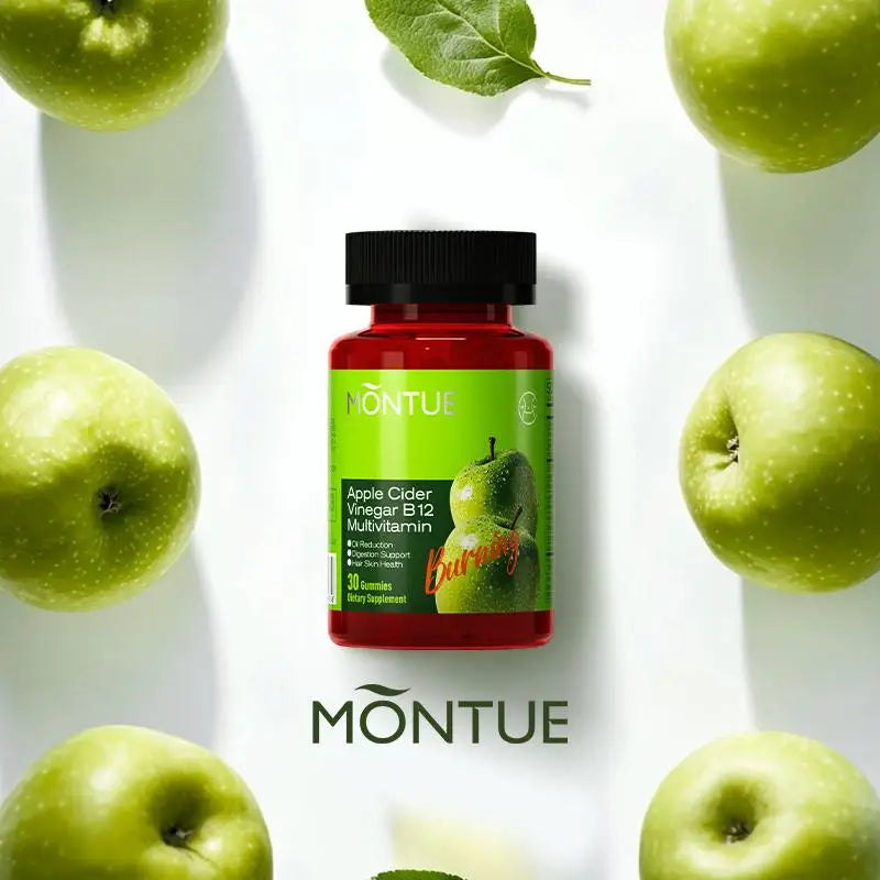 montue dietary supplement with apple cider vinegar and lactobacillus gummies 60-count bottle surrounded by green apples
