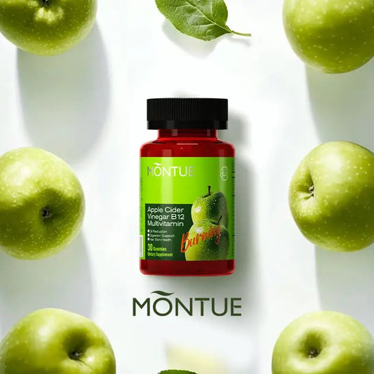 montue dietary supplement with apple cider vinegar and lactobacillus gummies 60-count bottle surrounded by green apples