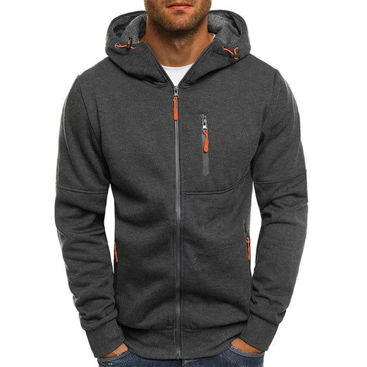 Men's dark gray zippered hoodie sweatshirt with orange accents, featuring long sleeves and a slim fit design.