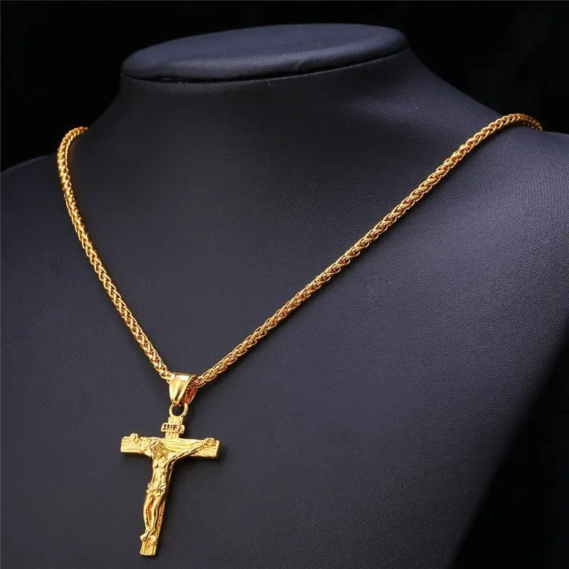 Religious Jesus Cross Necklace for MenShow Your Faith with a Stylish Jesus Cross NecklaceElevate your style while expressing your faith with our Religious Jesus Cross Necklace for Men. This gold color crReligious Jesus Cross Necklace