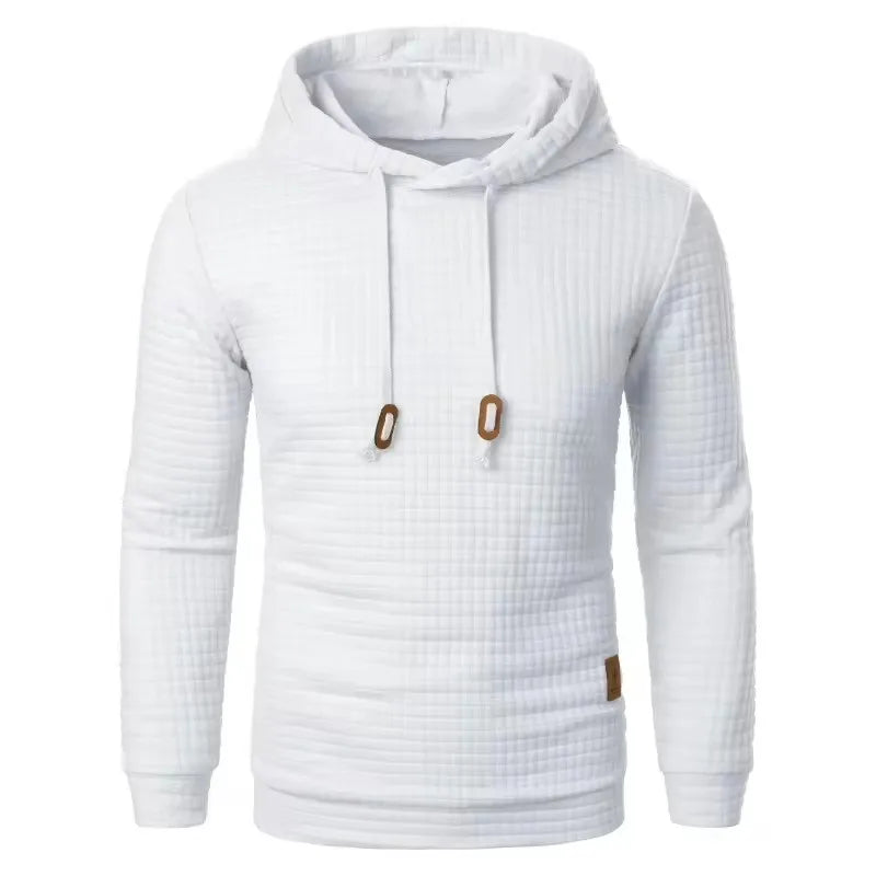 Men's white solid color casual hoodie, oversized sweatshirt with zipper.
