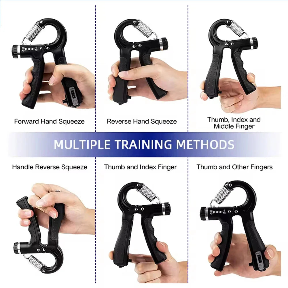 Adjustable hand gripper strengthener demonstrating multiple training methods.
