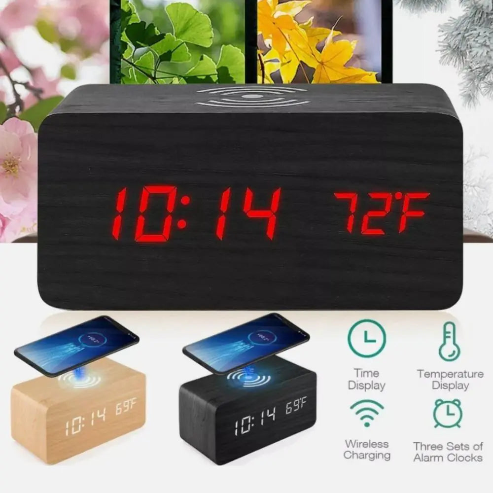 Wooden Digital Alarm ClockWake up in style with our Wooden Digital Alarm Clock featuring a Wireless Phone Charging Pad. This innovative clock combines timeless design with modern technology tWooden Digital Alarm Clock