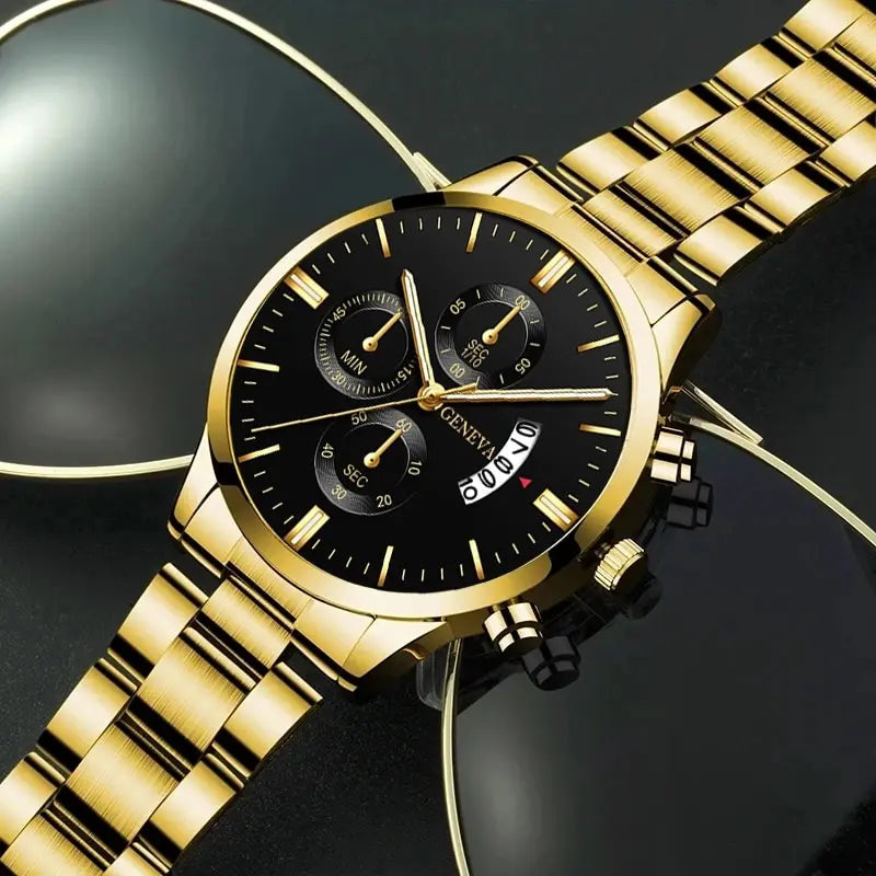 2023 Fashion Men Gold Stainless Steel Watch Luxury Calendar Quartz Wri• Stainless Steel Material :Crafted from high-quality stainless steel, this watch offers durability and longevity, perfect for everyday wear.
• Quartz Movement :2023 Fashion Men Gold Stainless Steel Watch Luxury Calendar Quartz Wrist Watch Mens Business Watches