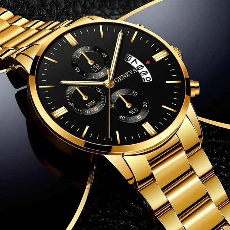 2023 Fashion Men Gold Stainless Steel Watch Luxury Calendar Quartz Wri• Stainless Steel Material :Crafted from high-quality stainless steel, this watch offers durability and longevity, perfect for everyday wear.
• Quartz Movement :2023 Fashion Men Gold Stainless Steel Watch Luxury Calendar Quartz Wrist Watch Mens Business Watches