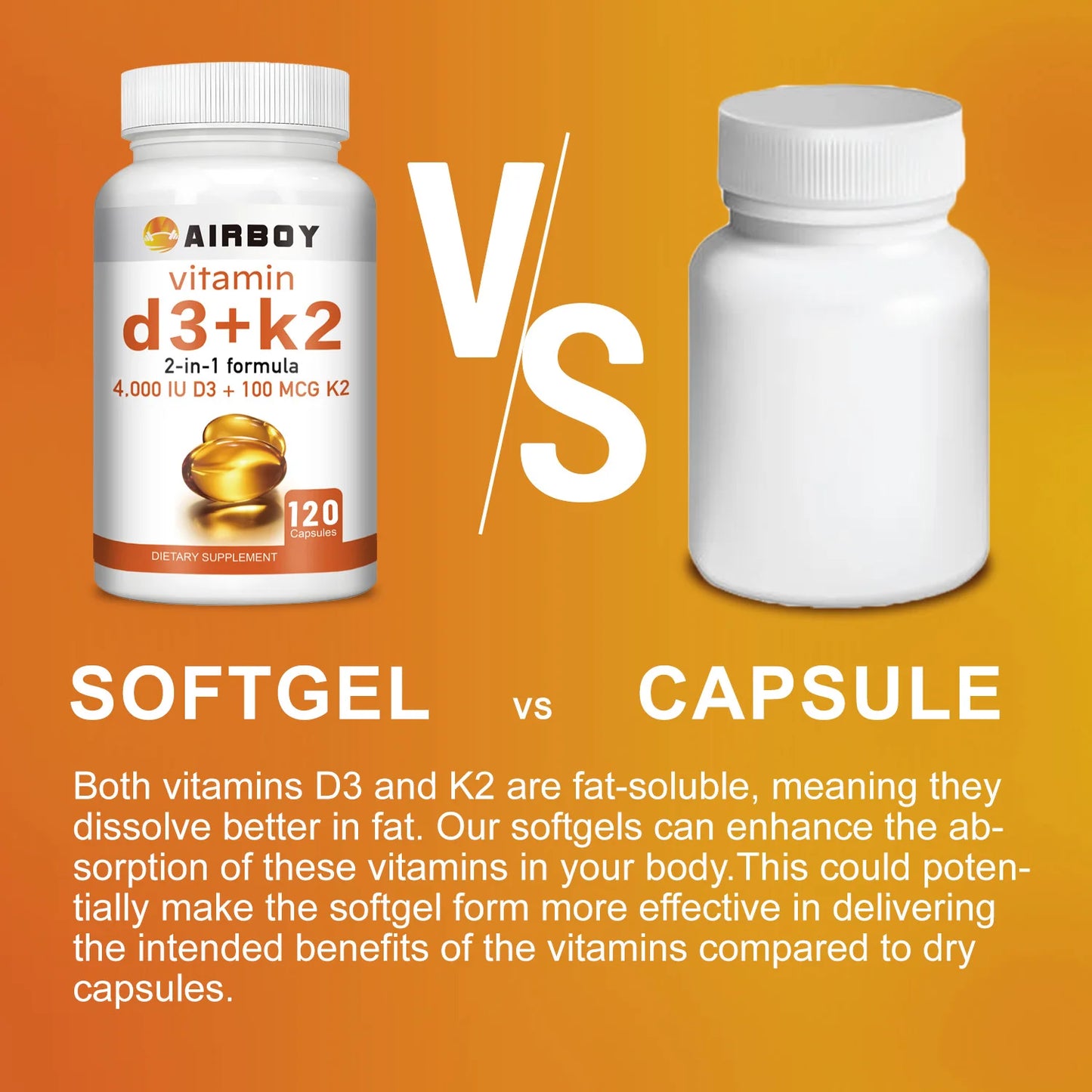 Vitamin D3 + K2 - Help Regulate Calcium Metabolism Promote Bone Teeth and Skin Health Support Immunity - 120 Capsules