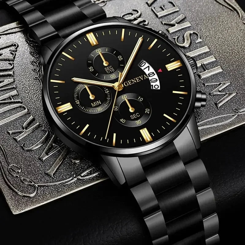 Fashion Men Black Stainless Steel Watch Luxury Calendar Quartz Wrist W• Complete Calendar :Keep track of the date with ease using the watch's complete calendar feature.
• Stainless Steel Band :The durable stainless steel band adds Fashion Men Black Stainless Steel Watch Luxury Calendar Quartz Wrist Watch Mens Business Watches
