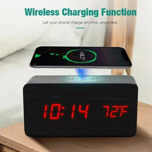 Wooden Digital Alarm ClockWake up in style with our Wooden Digital Alarm Clock featuring a Wireless Phone Charging Pad. This innovative clock combines timeless design with modern technology tWooden Digital Alarm Clock