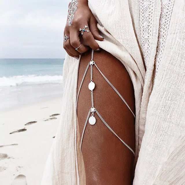 Leg Thigh ChainShine bright this summer with our Leg Thigh Chain! Designed to add a touch of glamour to your beach look, this body chain is a must-have accessory for every fashion-Leg Thigh Chain