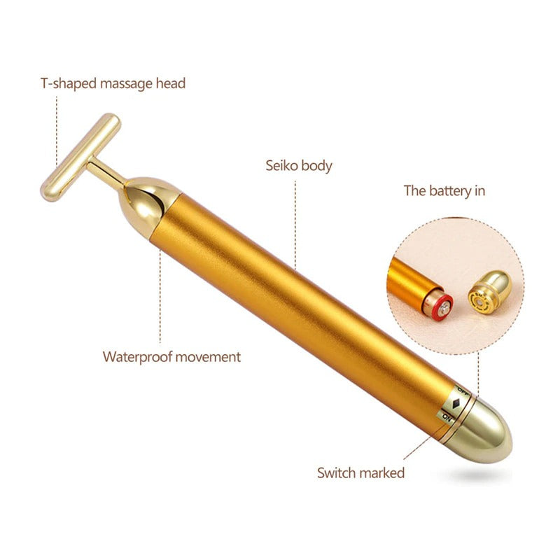 Energy 24K Gold T Beauty Bar Facial Roller MassagerFeatures:
An anti-bacterial material which is safe for you skin. Gold-Plated Germanium T-Bar Creating an Antimicrobial Surface for Safe Contact with Your Skin VibratBeauty Bar Facial Roller Massager