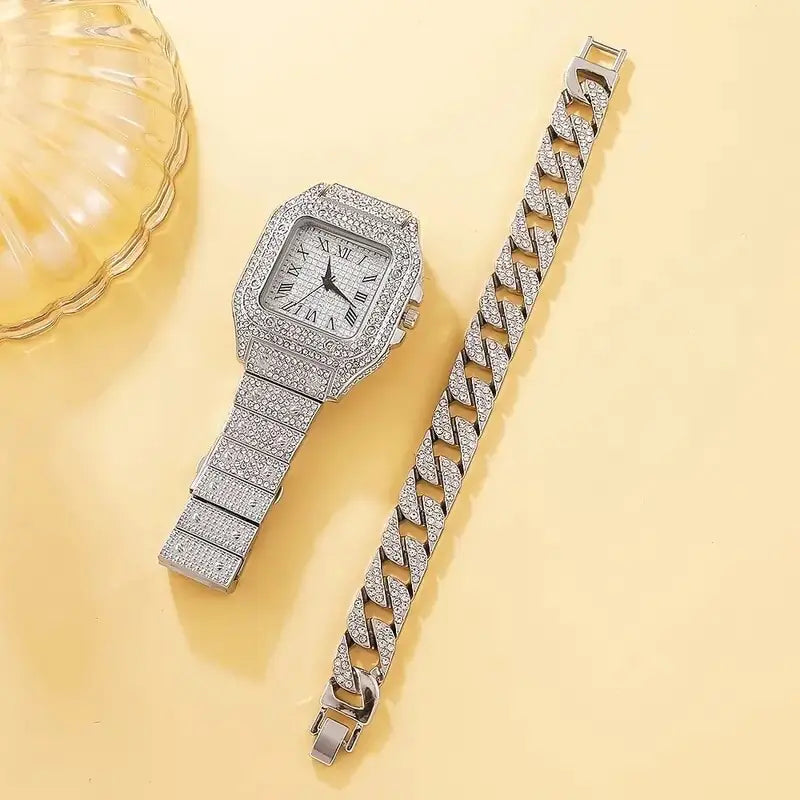 2Pcs Set Diamond Women WatchesIntroducing our 2Pcs Set Diamond Women Watches – the epitome of elegance and luxury. This stunning set features a dazzling gold watch adorned with rhinestones, paire2Pcs Set Diamond Women Watches