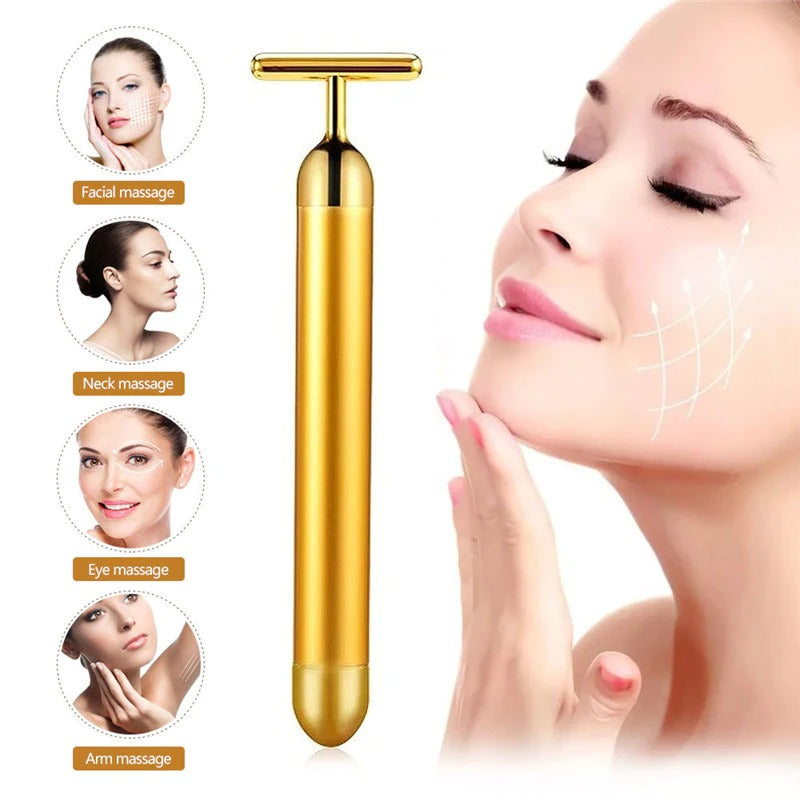 Energy 24K Gold T Beauty Bar Facial Roller MassagerFeatures:
An anti-bacterial material which is safe for you skin. Gold-Plated Germanium T-Bar Creating an Antimicrobial Surface for Safe Contact with Your Skin VibratBeauty Bar Facial Roller Massager