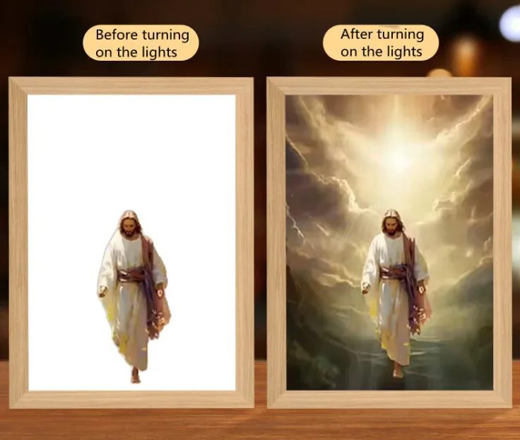 Illuminated Jesus LED Art DecorThis Jesus LED Light Painting brings warmth and spiritual inspiration to any home. Featuring a softly illuminated image of Jesus, this decorative piece provides a peIlluminated Jesus LED Art Decor
