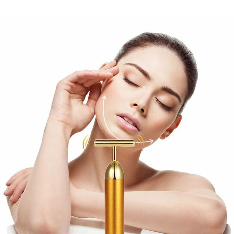 Energy 24K Gold T Beauty Bar Facial Roller MassagerFeatures:
An anti-bacterial material which is safe for you skin. Gold-Plated Germanium T-Bar Creating an Antimicrobial Surface for Safe Contact with Your Skin VibratBeauty Bar Facial Roller Massager