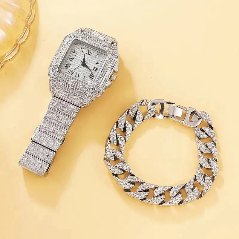 2Pcs Set Diamond Women WatchesIntroducing our 2Pcs Set Diamond Women Watches – the epitome of elegance and luxury. This stunning set features a dazzling gold watch adorned with rhinestones, paire2Pcs Set Diamond Women Watches