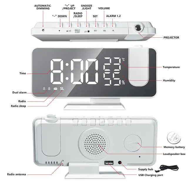 Led Digital Projection ClockIntroducing the Led Digital Projection Clock—an all-in-one solution to keep you organized, entertained, and on schedule!Stay Tuned: With its built-in Fm Radio, automLed Digital Projection Clock