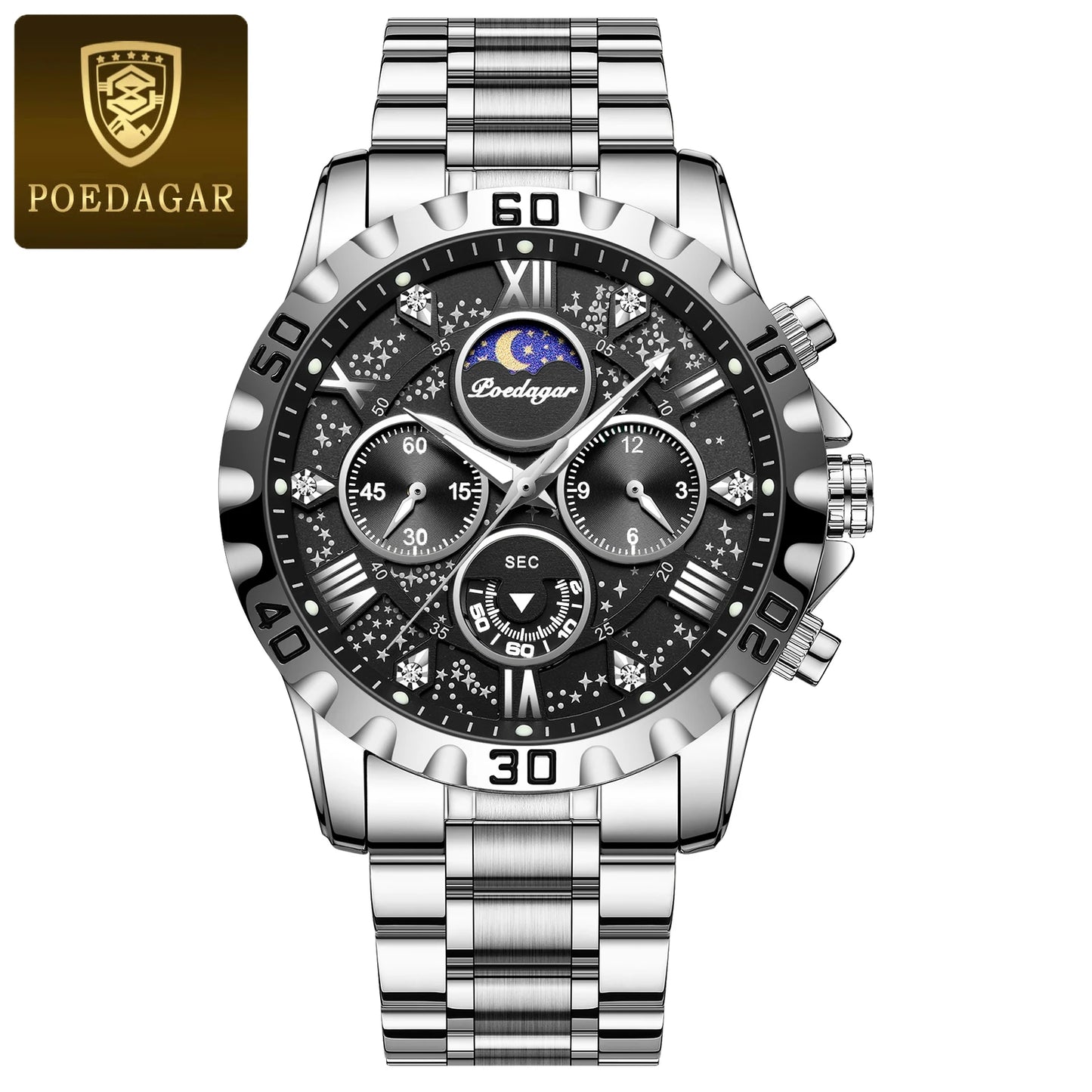 POEDAGAR Luxury Watch for Man Quartz Sports Men Watch Waterproof LuminPackage Included:
1 x POEDAGAR Clock
1 x POEDAGAR Box
1 x Watchband adjust tool
1 x Watch wipe
1 x Warranty card
After-Sales Service:
Any questions, please contact Man Quartz Sports Men Watch Waterproof Luminous Stainless Steel Chronograph Men'