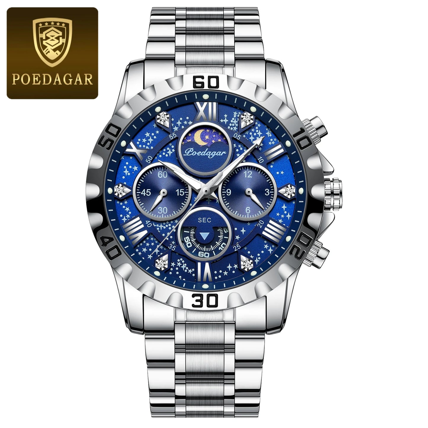 POEDAGAR Luxury Watch for Man Quartz Sports Men Watch Waterproof LuminPackage Included:
1 x POEDAGAR Clock
1 x POEDAGAR Box
1 x Watchband adjust tool
1 x Watch wipe
1 x Warranty card
After-Sales Service:
Any questions, please contact Man Quartz Sports Men Watch Waterproof Luminous Stainless Steel Chronograph Men'