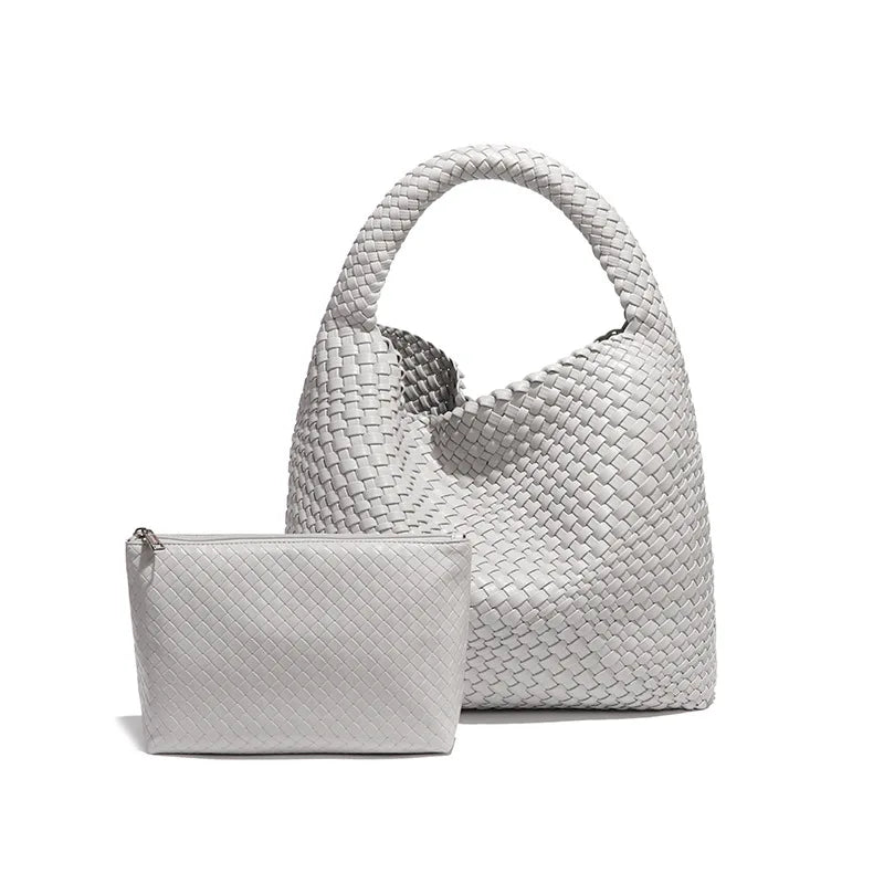 2024 Women Bag Luxury PU Leather Handbag Lady Fashion Handmade Knitting Tote Female Hand-woven Basket Shoulder Bag with Purse