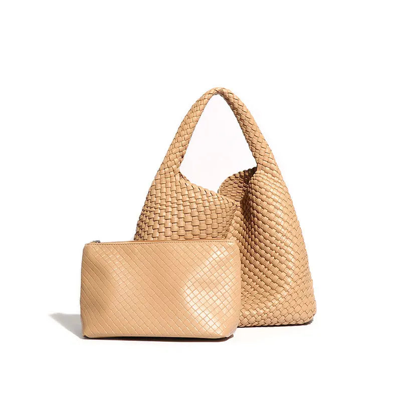 2024 Women Bag Luxury PU Leather Handbag Lady Fashion Handmade Knitting Tote Female Hand-woven Basket Shoulder Bag with Purse