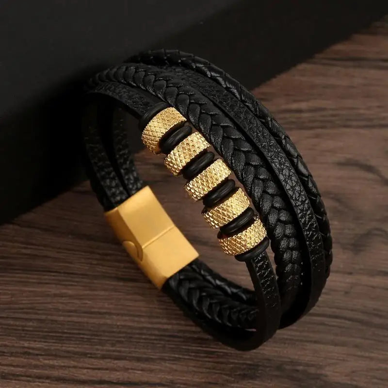 Classic Men's Leather Bracelet New Style Hand-woven Multi-layer CombinName: Alloy buckle leather bracelet
Material: leather, alloy
Process: frosted magnetic buckle
Color: Steel/Gold/Black
Size: 19/21/23
Packaging specification: 1 pieceClassic Men'