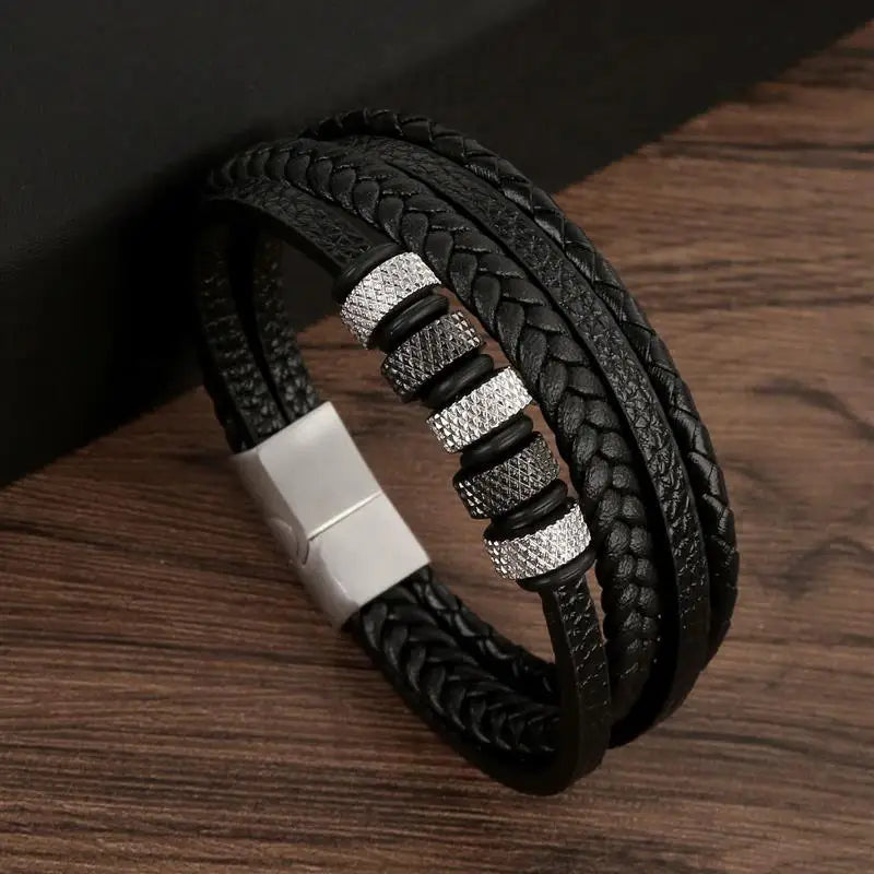 Classic Men's Leather Bracelet New Style Hand-woven Multi-layer CombinName: Alloy buckle leather bracelet
Material: leather, alloy
Process: frosted magnetic buckle
Color: Steel/Gold/Black
Size: 19/21/23
Packaging specification: 1 pieceClassic Men'