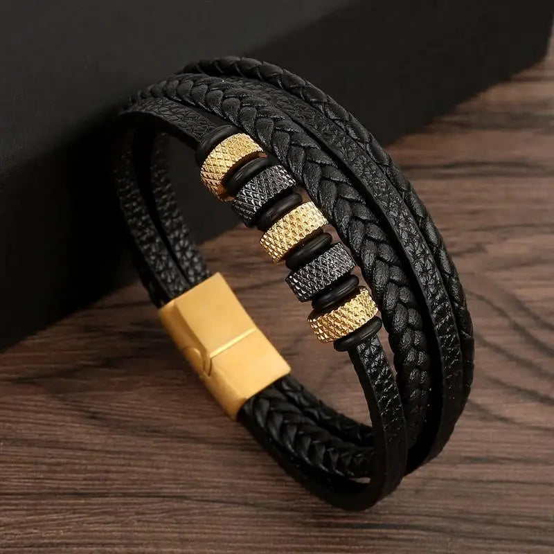 Classic Men's Leather Bracelet New Style Hand-woven Multi-layer CombinName: Alloy buckle leather bracelet
Material: leather, alloy
Process: frosted magnetic buckle
Color: Steel/Gold/Black
Size: 19/21/23
Packaging specification: 1 pieceClassic Men'