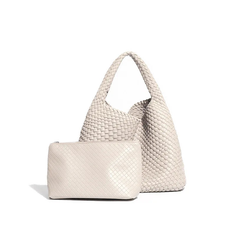 2024 Women Bag Luxury PU Leather Handbag Lady Fashion Handmade Knitting Tote Female Hand-woven Basket Shoulder Bag with Purse