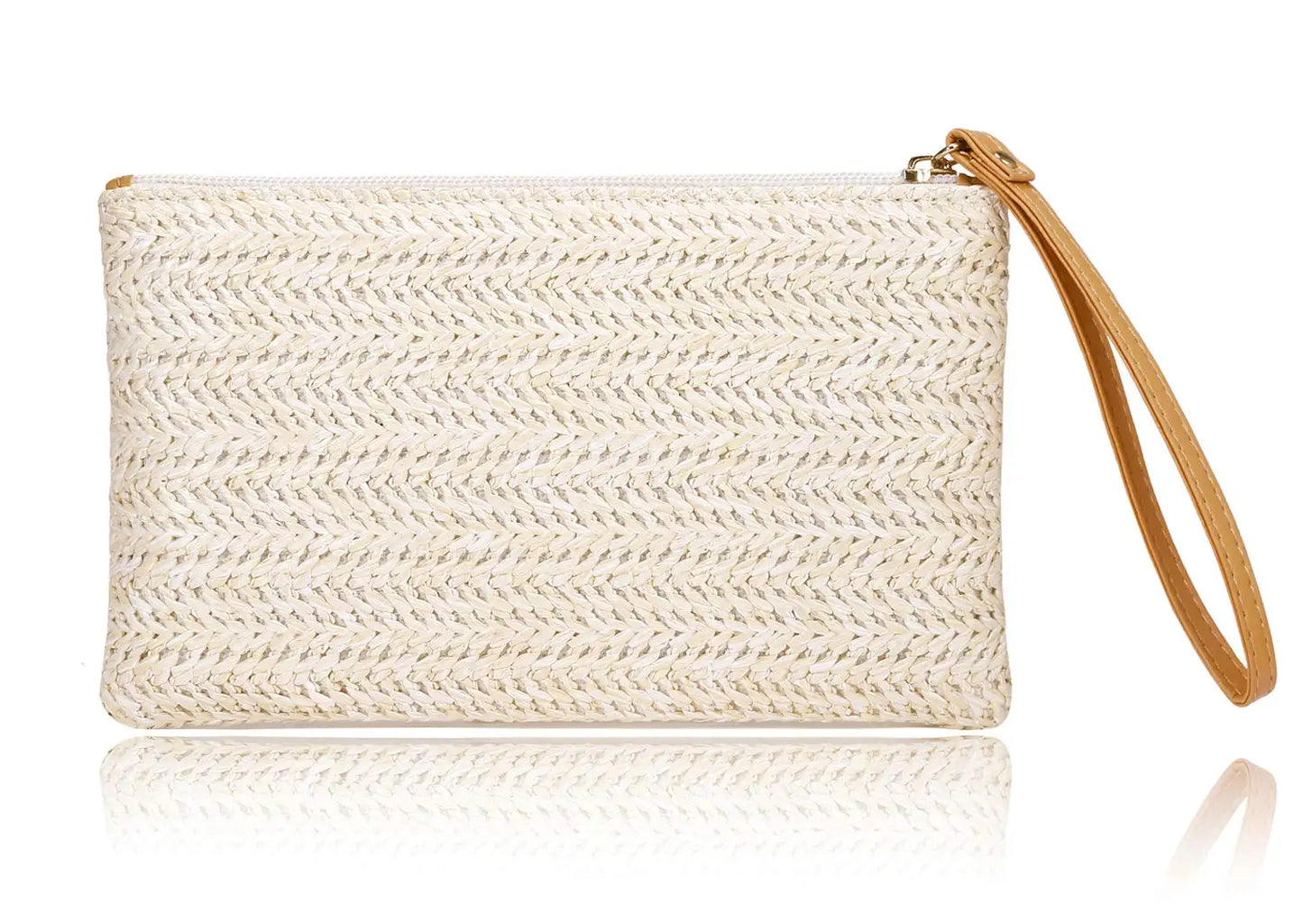 Fashionable ivory straw woven bag with wrist strap, ideal for travel and casual use.