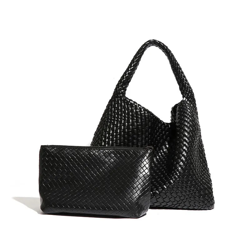 2024 Women Bag Luxury PU Leather Handbag Lady Fashion Handmade Knitting Tote Female Hand-woven Basket Shoulder Bag with Purse
