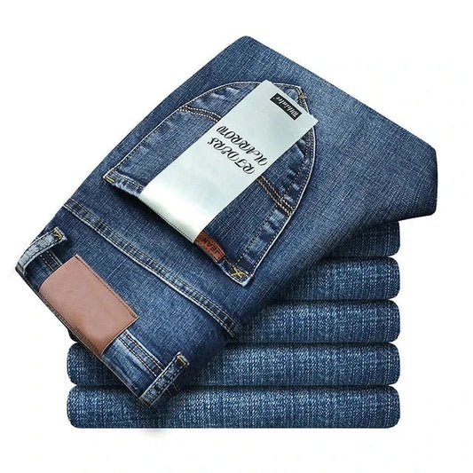 Men's blue stretch denim jeans, classic business fashion, straight regular fit for spring and autumn.