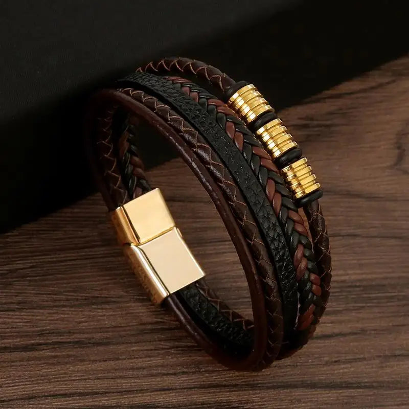 Classic Men's Leather Bracelet New Style Hand-woven Multi-layer CombinName: Alloy buckle leather bracelet
Material: leather, alloy
Process: frosted magnetic buckle
Color: Steel/Gold/Black
Size: 19/21/23
Packaging specification: 1 pieceClassic Men'