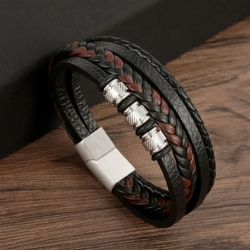 Classic Men's Leather Bracelet New Style Hand-woven Multi-layer CombinName: Alloy buckle leather bracelet
Material: leather, alloy
Process: frosted magnetic buckle
Color: Steel/Gold/Black
Size: 19/21/23
Packaging specification: 1 pieceClassic Men'