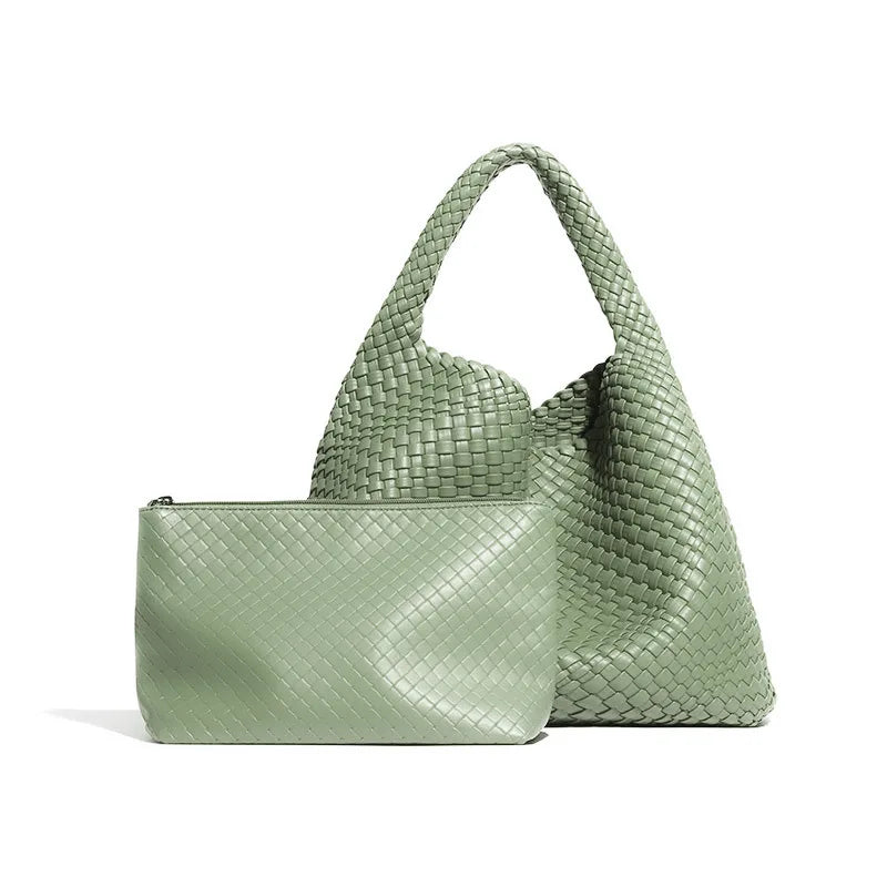 2024 Women Bag Luxury PU Leather Handbag Lady Fashion Handmade Knitting Tote Female Hand-woven Basket Shoulder Bag with Purse