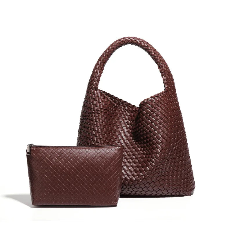 2024 Women Bag Luxury PU Leather Handbag Lady Fashion Handmade Knitting Tote Female Hand-woven Basket Shoulder Bag with Purse